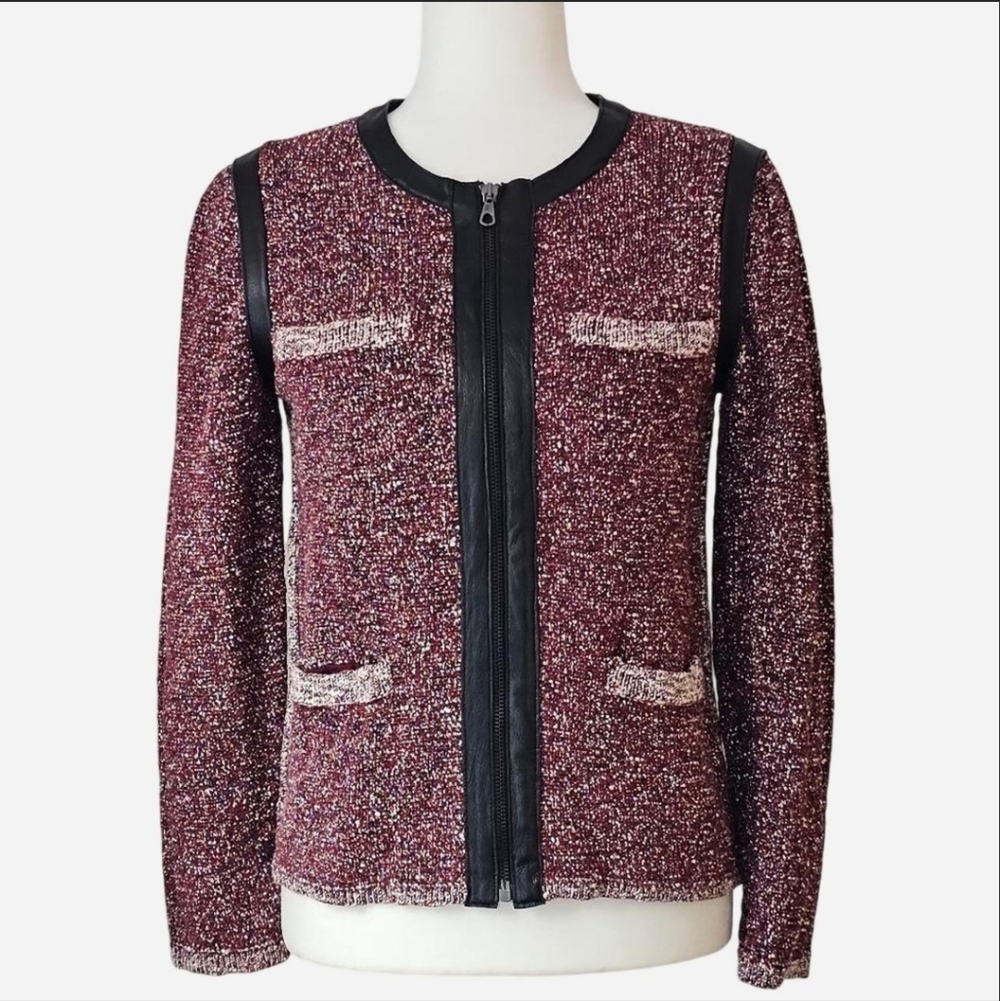 RAG & BONE Burgundy Tweed Blazer with Black 100% Leather Trim. Sz M